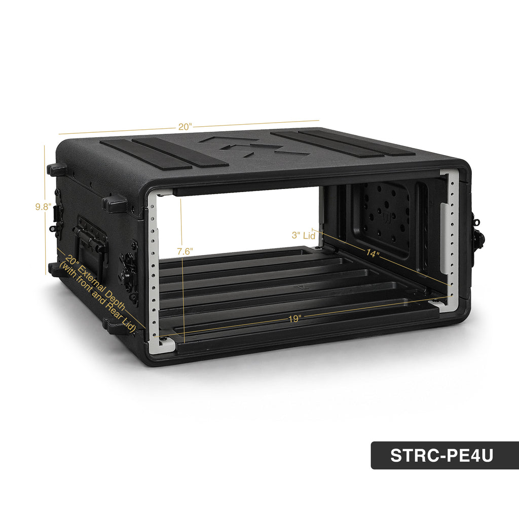 Sound Town STRC-PE4U | 4U Molded PE Rack Road Case with 17" Depth, Microphone and Accessory Storage Lids, Twist Latches, Front & Rear Rack Rails, Lightweight - Size and Dimensions