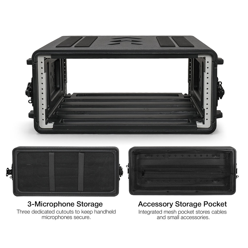 Sound Town STRC-PE4U | 4U Molded PE Rack Road Case with 17" Depth, Microphone and Accessory Storage Lids, Twist Latches, Front & Rear Rack Rails, Lightweight - Features