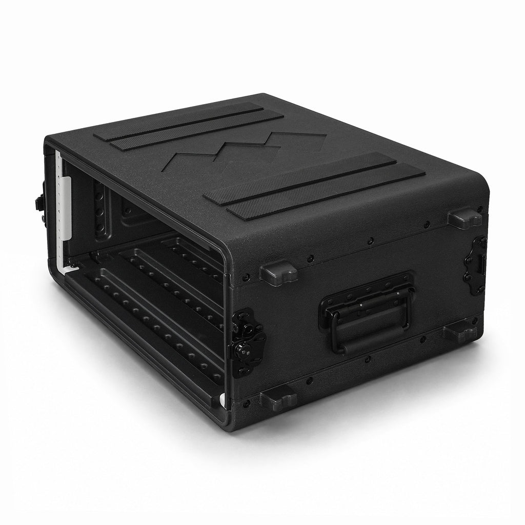 Sound Town STRC-PE4U | 4U Molded PE Rack Road Case with 17" Depth, Microphone and Accessory Storage Lids, Twist Latches, Front & Rear Rack Rails, Lightweight - Left View