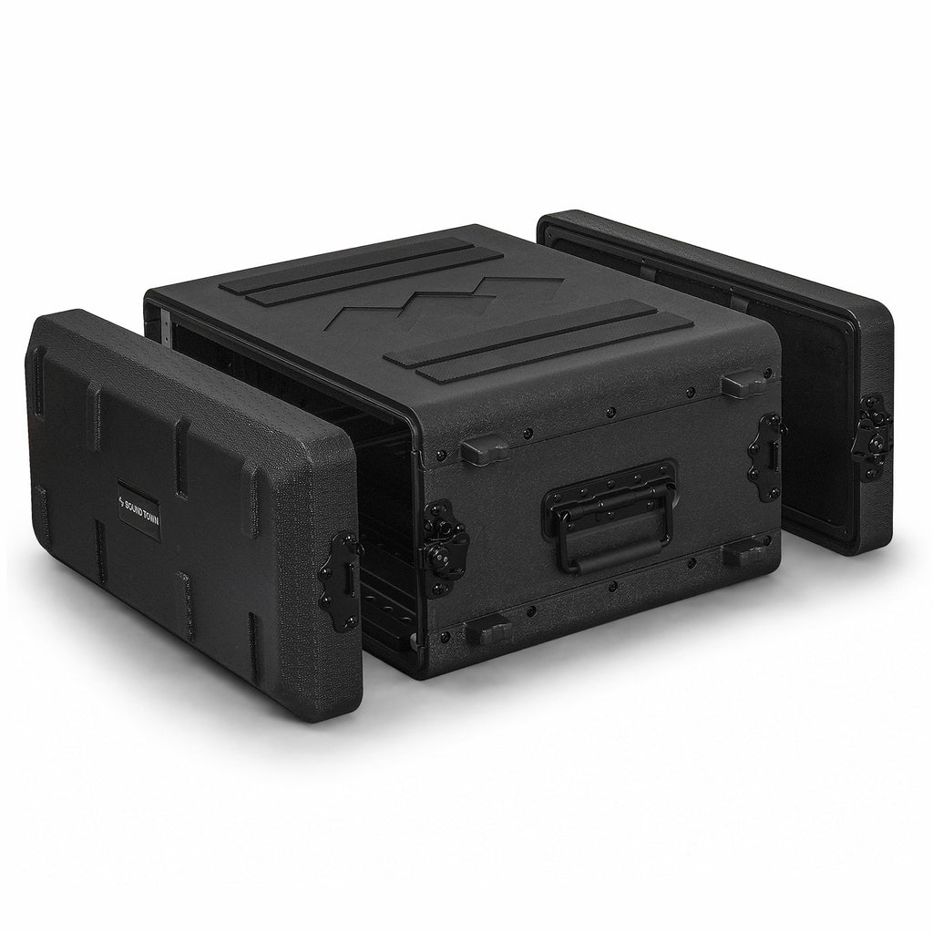 Sound Town STRC-PE4U | 4U Molded PE Rack Road Case with 17" Depth, Microphone and Accessory Storage Lids, Twist Latches, Front & Rear Rack Rails, Lightweight - Right Angle