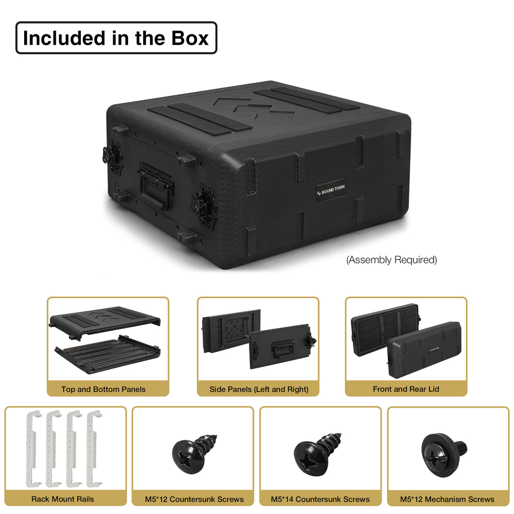 Sound Town STRC-PE4U | 4U Molded PE Rack Road Case with 17" Depth, Microphone and Accessory Storage Lids, Twist Latches, Front & Rear Rack Rails, Lightweight - Package Contents