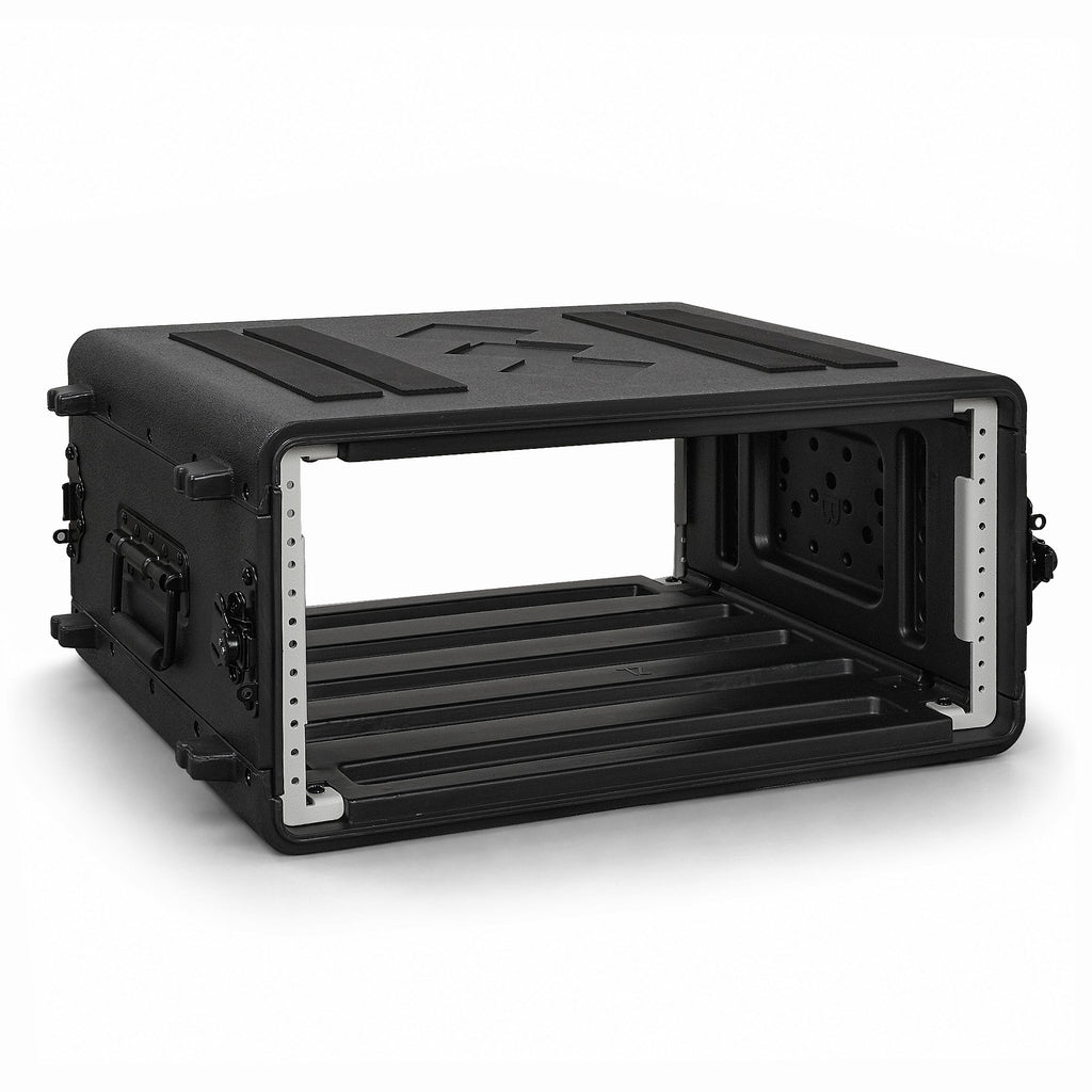 Sound Town STRC-PE4U | 4U Molded PE Rack Road Case with 17" Depth, Microphone and Accessory Storage Lids, Twist Latches, Front & Rear Rack Rails, Lightweight - Right View Open