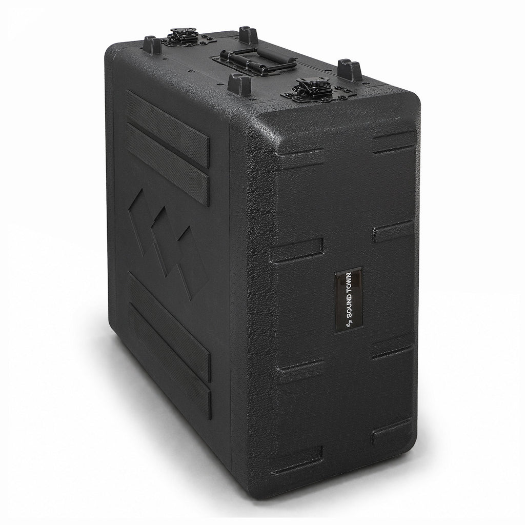 Sound Town STRC-PE4U | 4U Molded PE Rack Road Case with 17" Depth, Microphone and Accessory Storage Lids, Twist Latches, Front & Rear Rack Rails, Lightweight - Standing Upright, Closed