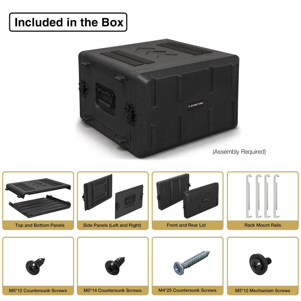 Sound Town STRC-PE6U | 6U Molded PE Rack Road Case with 17" Depth, Microphone and Accessory Storage Lids, Twist Latches, Front & Rear Rack Rails, Lightweight - Package Contents