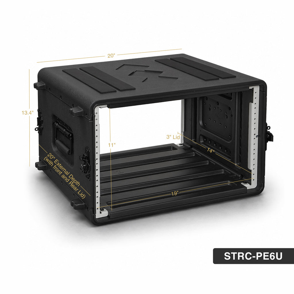 Sound Town STRC-PE6U | 6U Molded PE Rack Road Case with 17" Depth, Microphone and Accessory Storage Lids, Twist Latches, Front & Rear Rack Rails, Lightweight - Size and Dimensions