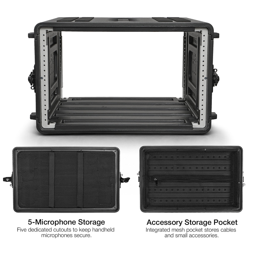 Sound Town STRC-PE6U | 6U Molded PE Rack Road Case with 17" Depth, Microphone and Accessory Storage Lids, Twist Latches, Front & Rear Rack Rails, Lightweight - Features