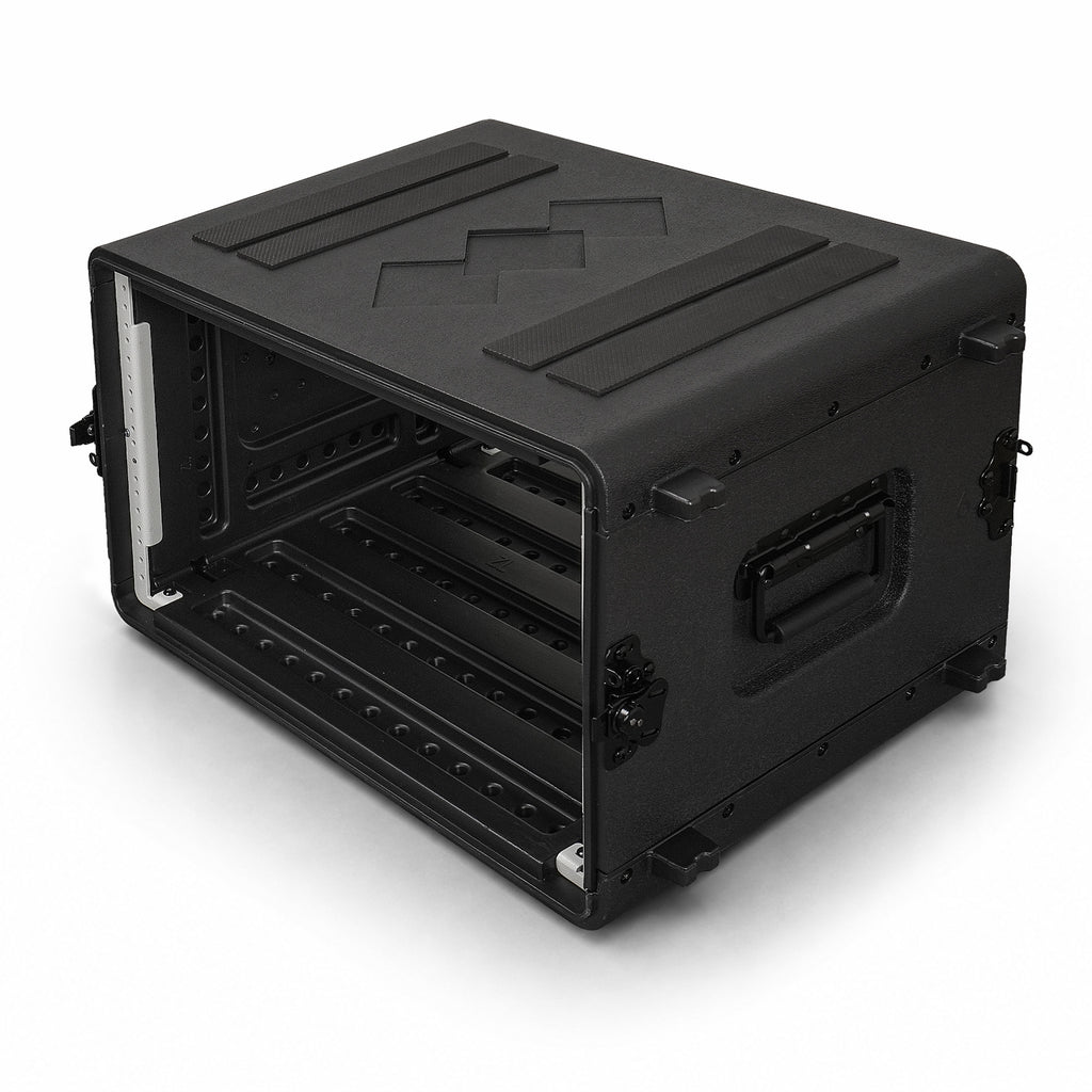 Sound Town STRC-PE6U | 6U Molded PE Rack Road Case with 17" Depth, Microphone and Accessory Storage Lids, Twist Latches, Front & Rear Rack Rails, Lightweight - Left View
