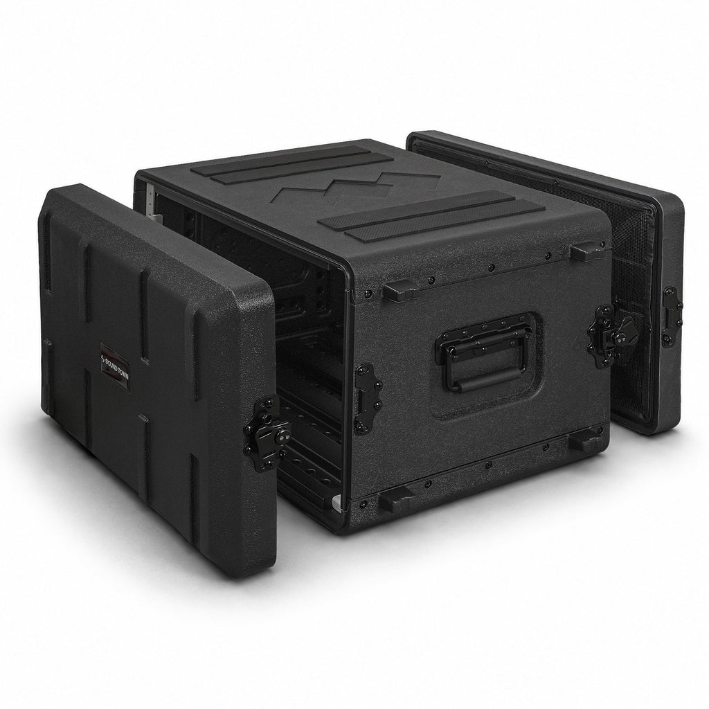 Sound Town STRC-PE6U | 6U Molded PE Rack Road Case with 17" Depth, Microphone and Accessory Storage Lids, Twist Latches, Front & Rear Rack Rails, Lightweight - Right Angle