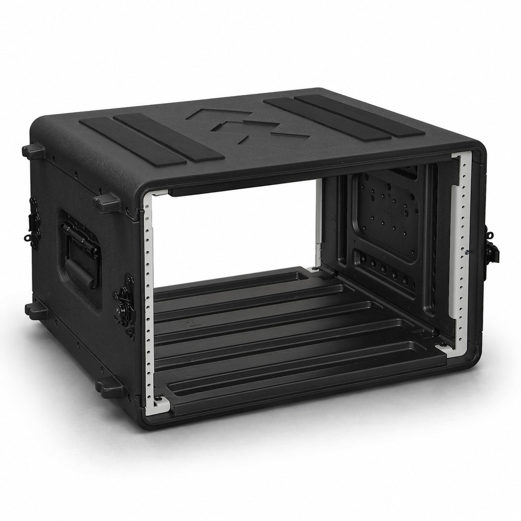 Sound Town STRC-PE6U | 6U Molded PE Rack Road Case with 17" Depth, Microphone and Accessory Storage Lids, Twist Latches, Front & Rear Rack Rails, Lightweight - Right View Open