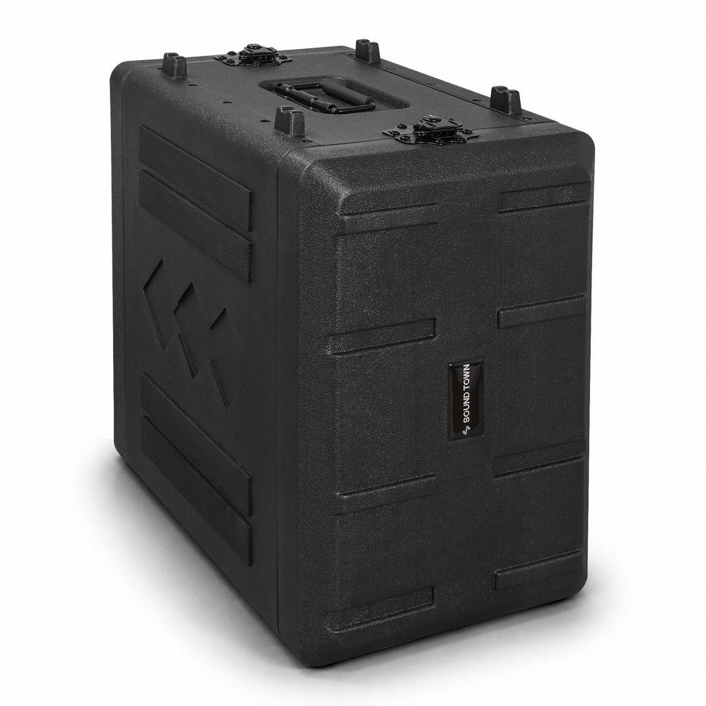 Sound Town STRC-PE6U | 6U Molded PE Rack Road Case with 17" Depth, Microphone and Accessory Storage Lids, Twist Latches, Front & Rear Rack Rails, Lightweight - Standing Upright, Closed