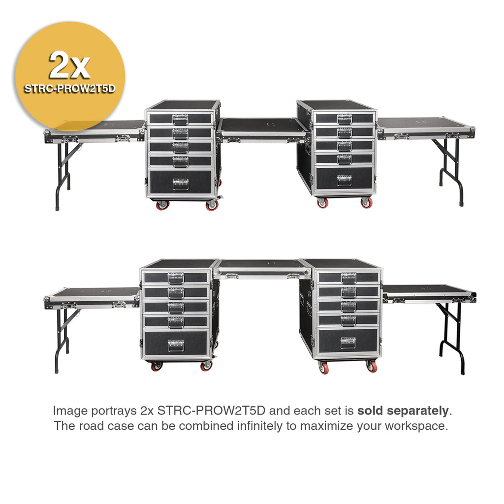Sound Town STRC-PROW2T5D-R | REFURBISHED: 5-Drawer Customizable Stage and Studio Utility Equipment Workstation Storage Road Case with Two Tables - Pro Tour Grade, The road case can be combined infinitely to maximize your workspace