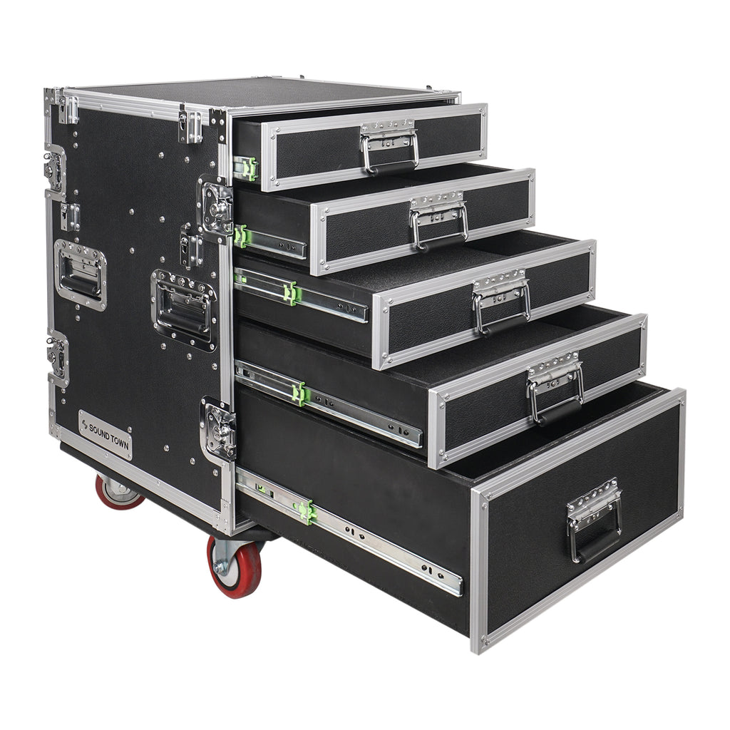 Sound Town STRC-PROW2T5D-R | REFURBISHED: 5-Drawer Customizable Stage and Studio Utility Equipment Workstation Storage Road Case with Two Tables - Pro Tour Grade, Compartments and Drawers for Small Accessories