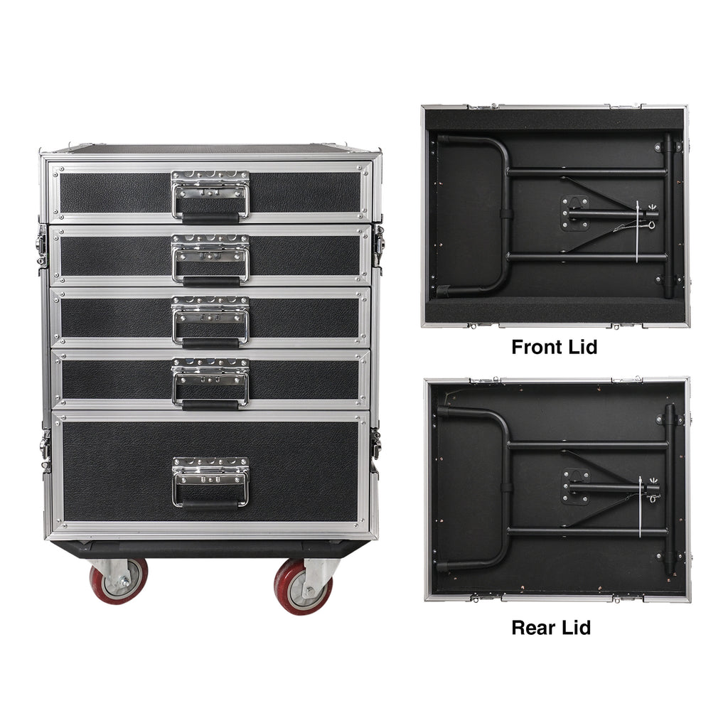 Sound Town STRC-PROW2T5D-R | REFURBISHED: 5-Drawer Customizable Stage and Studio Utility Equipment Workstation Storage Road Case with Two Tables - Pro Tour Grade, Front & Rear Lids