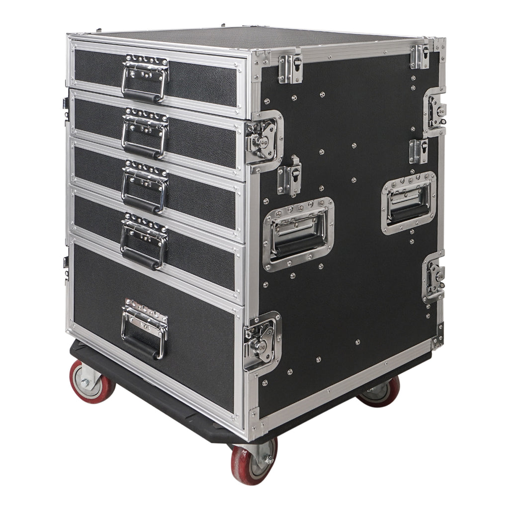Sound Town STRC-PROW2T5D-R | REFURBISHED: 5-Drawer Customizable Stage and Studio Utility Equipment Workstation Storage Road Case with Two Tables - Pro Tour Grade - Transportable