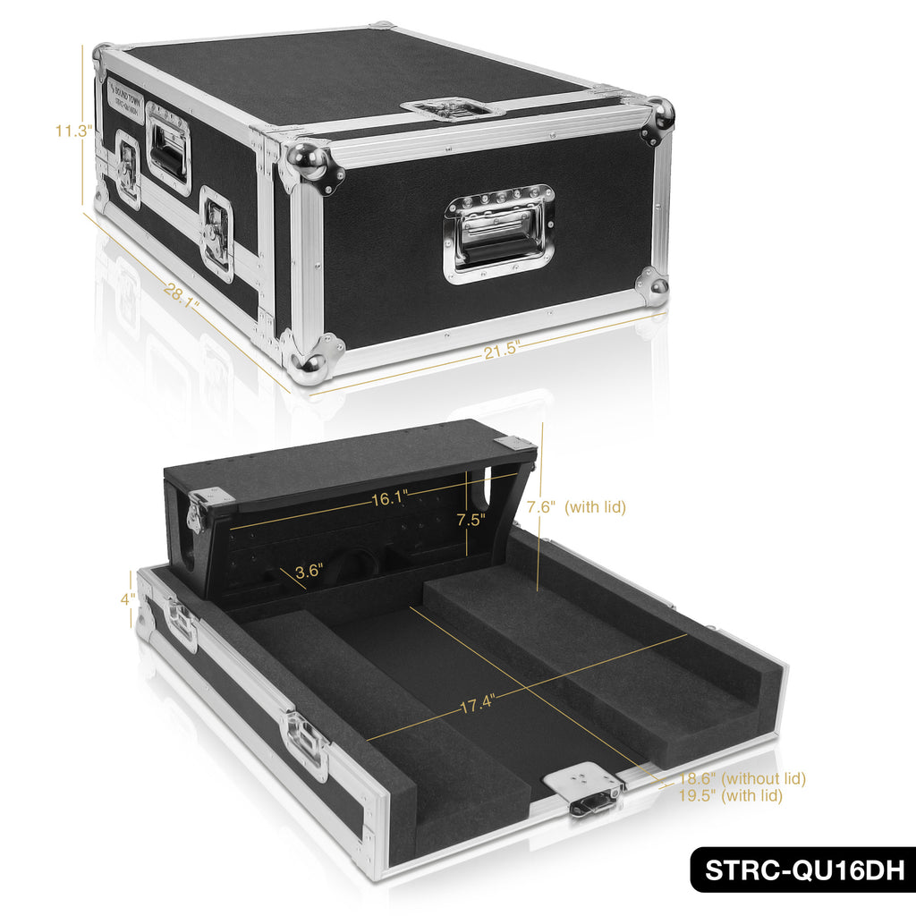Sound Town STRC-QU16DH-R | REFURBISHED: ATA Plywood Mixer Case with Interior Foam Protection, Dog House and Caster wheels for Allen & Heath QU-16 Mixer Console-Size and Dimensions