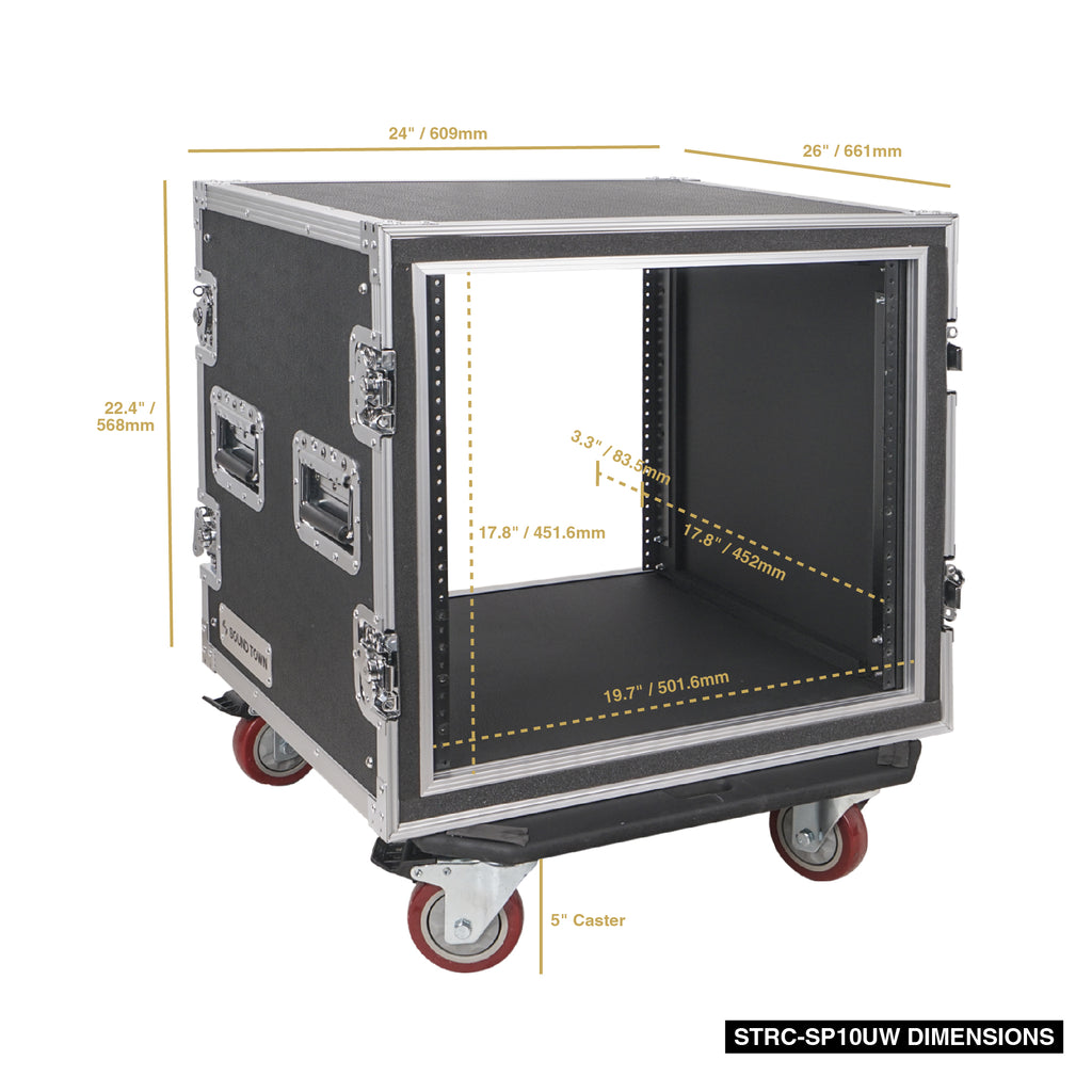 Sound Town STRC-SP10UW Shock Mount 10U ATA Rack Case with 17" Rackable Depth and Casters, Pro Tour Grade - Internal and External Size & Dimensions