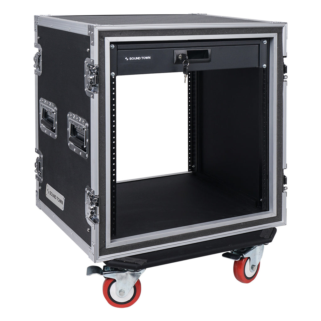 Sound Town STRC-SP12D2 | Shock Mount 12U ATA Rack Case with 2U Drawer, 21” Rackable Depth, Casters - Right side