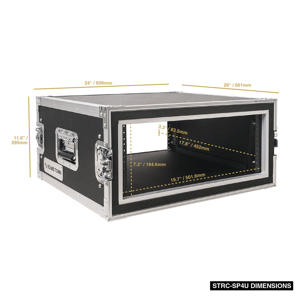 Sound Town STRC-SP4U-R | REFURBISHED: Shock Mount 4U ATA Plywood Rack Case with 21" Rackable Depth, 4-Space Size, Pro Tour Grade - Size and Dimensions