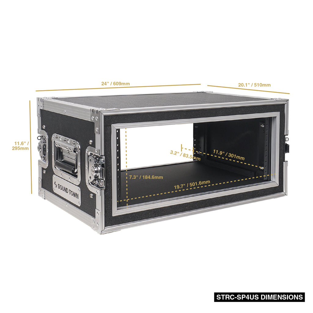 Sound Town STRC-SP4US-R | REFURBISHED: Shock Mount 4U ATA Plywood Rack Case with 15" Rackable Depth, 4-Space Size, Pro Tour Grade - Size and Dimensions