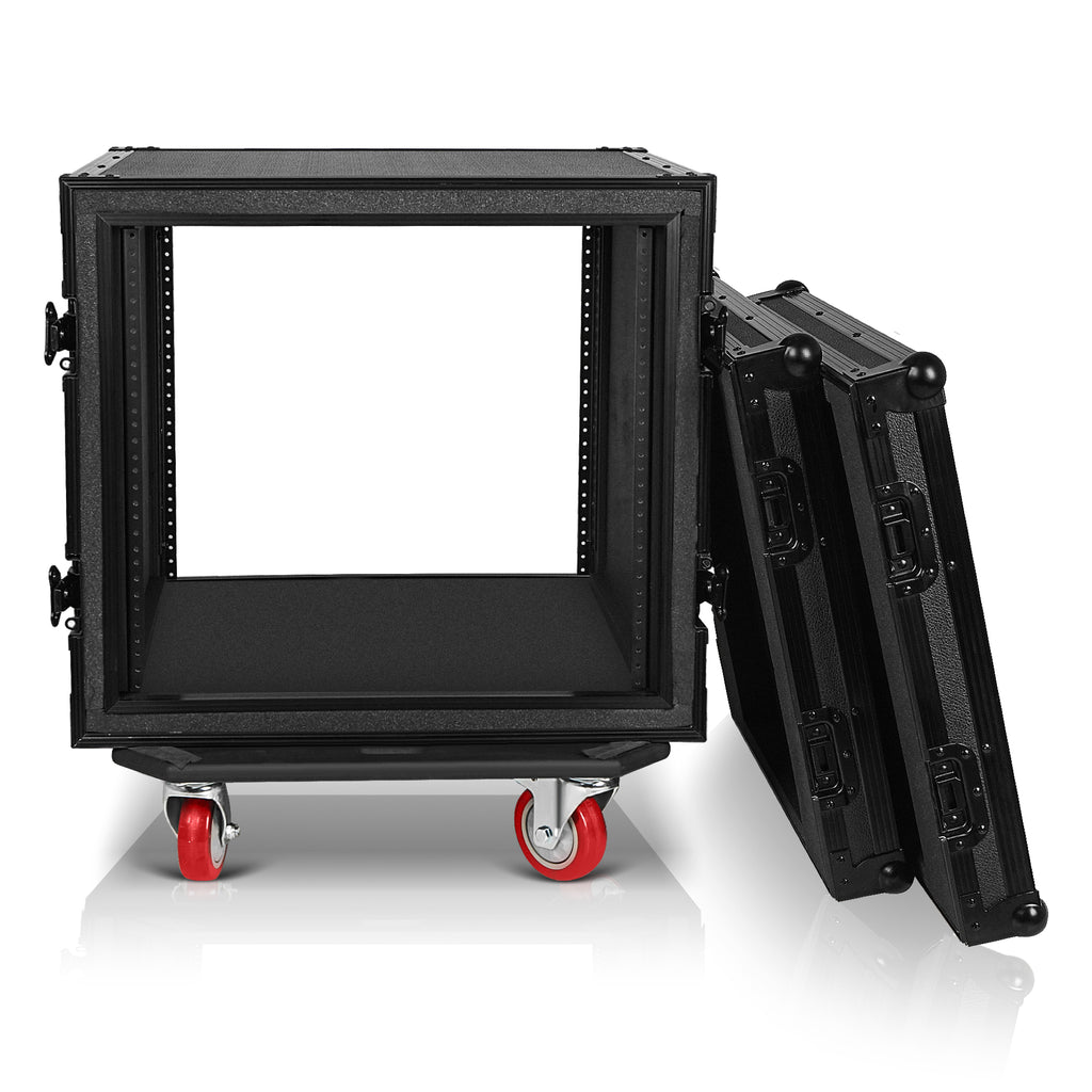 Sound Town STRC-SPB10UW | Black Series Shock Mount 10U ATA Plywood Rack Case with 21" Rackable Depth, All-Black Anodized Hardware and Casters, Pro Tour Grade - Removable Covers Lids