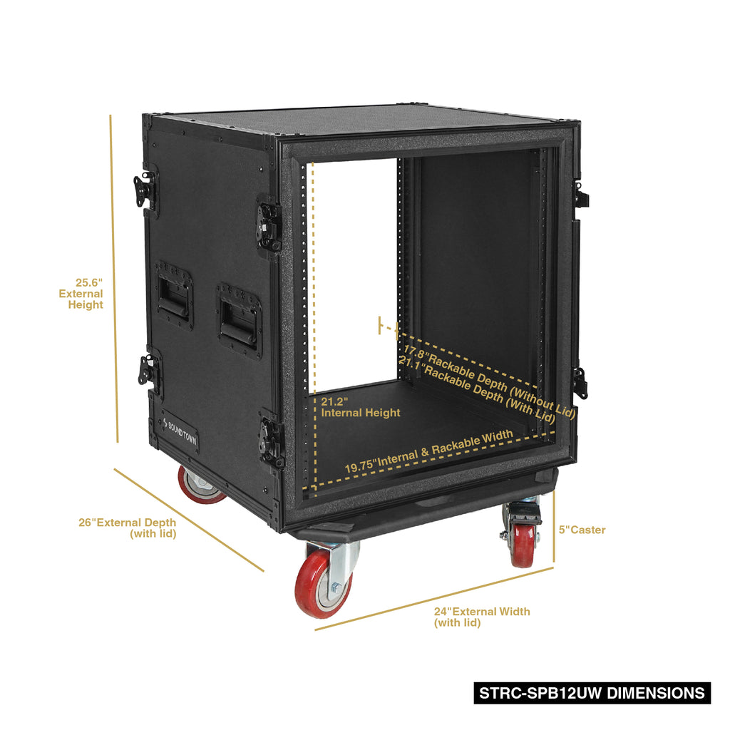 Sound Town STRC-SPB12UW | Black Series Shock Mount 12U ATA Plywood Rack Case with 21" Rackable Depth, All-Black Anodized Hardware and Casters, Pro Tour Grade - Size and Dimensions