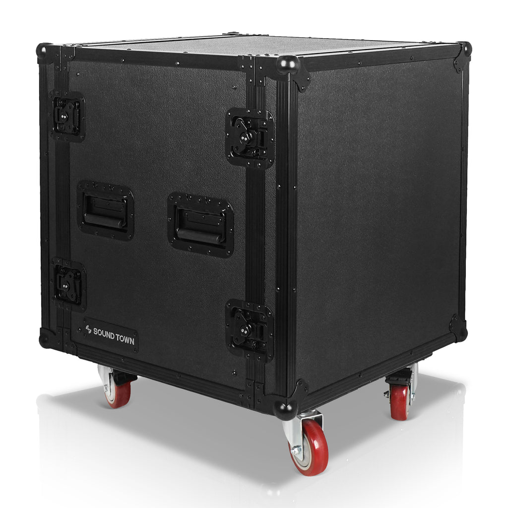 Sound Town STRC-SPB12UW | Black Series Shock Mount 12U ATA Plywood Rack Case with 21" Rackable Depth, All-Black Anodized Hardware and Casters, Pro Tour Grade. It is Equipped with Heavy-Duty Twist Latches and Rubber-Gripped Handles for Convenient Portability.