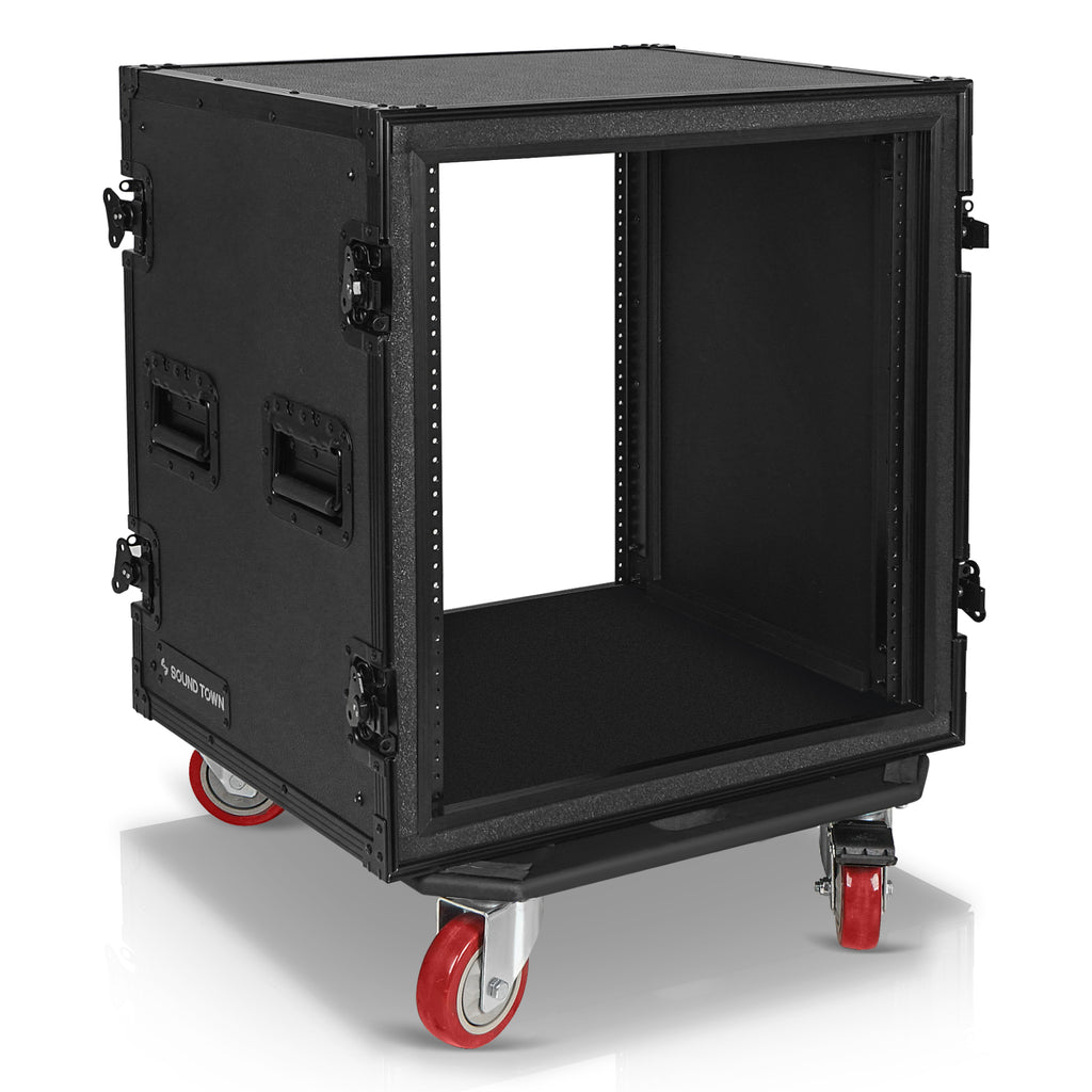 Sound Town STRC-SPB12UW | Black Series Shock Mount 12U ATA Plywood Rack Case with 21" Rackable Depth, All-Black Anodized Hardware and Casters, Pro Tour Grade - Internal Compartment