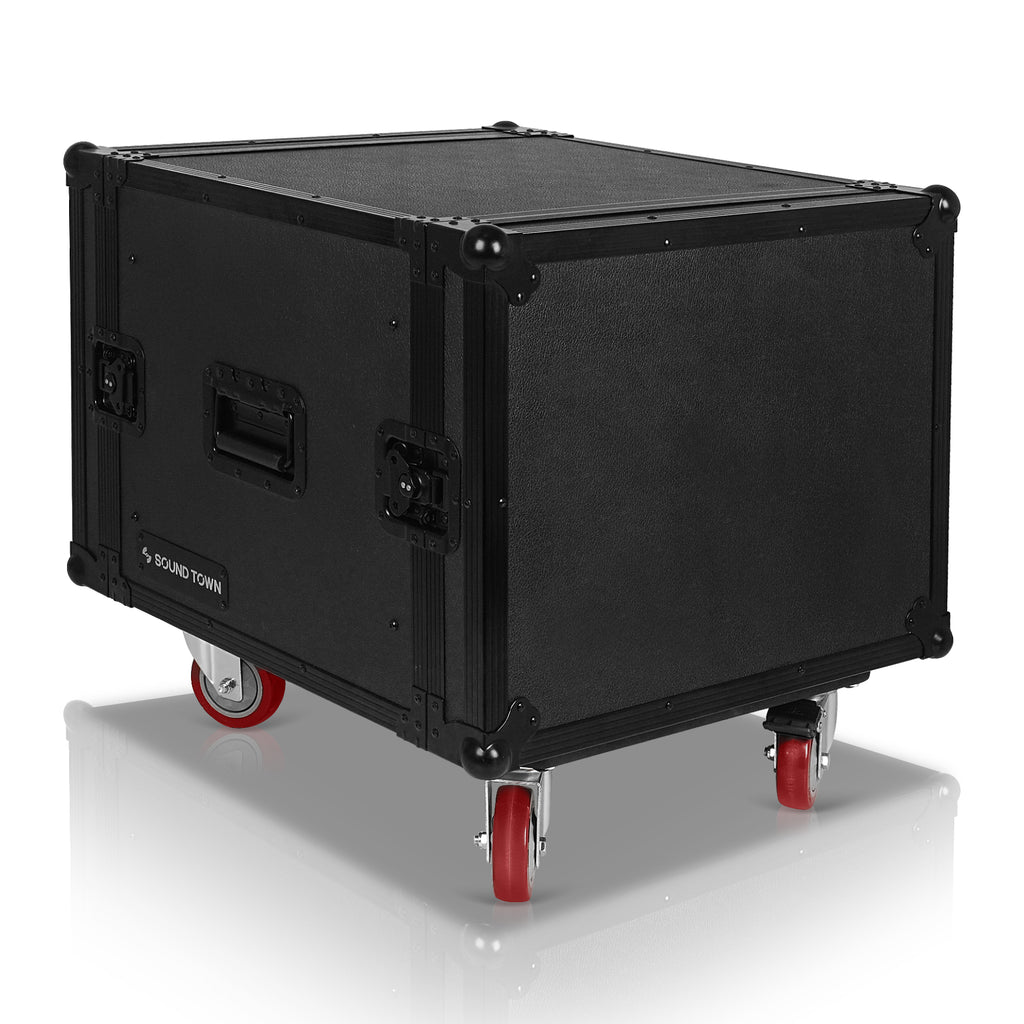 Sound Town STRC-SPB8UW | Black Series Shock Mount 8U ATA Plywood Rack Case with 21" Rackable Depth, All-Black Anodized Hardware and Casters, Pro Tour Grade. It is Equipped with Heavy-Duty Twist Latches and Rubber-Gripped Handles for Convenient Portability.