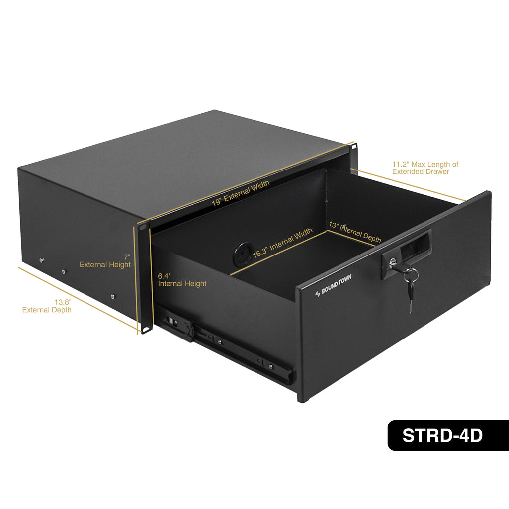 Sound Town STRD-4D-R 19" 4U Locking Rack Mount Sliding Drawer, with Protection Foam, Refurbished - Size and Dimensions