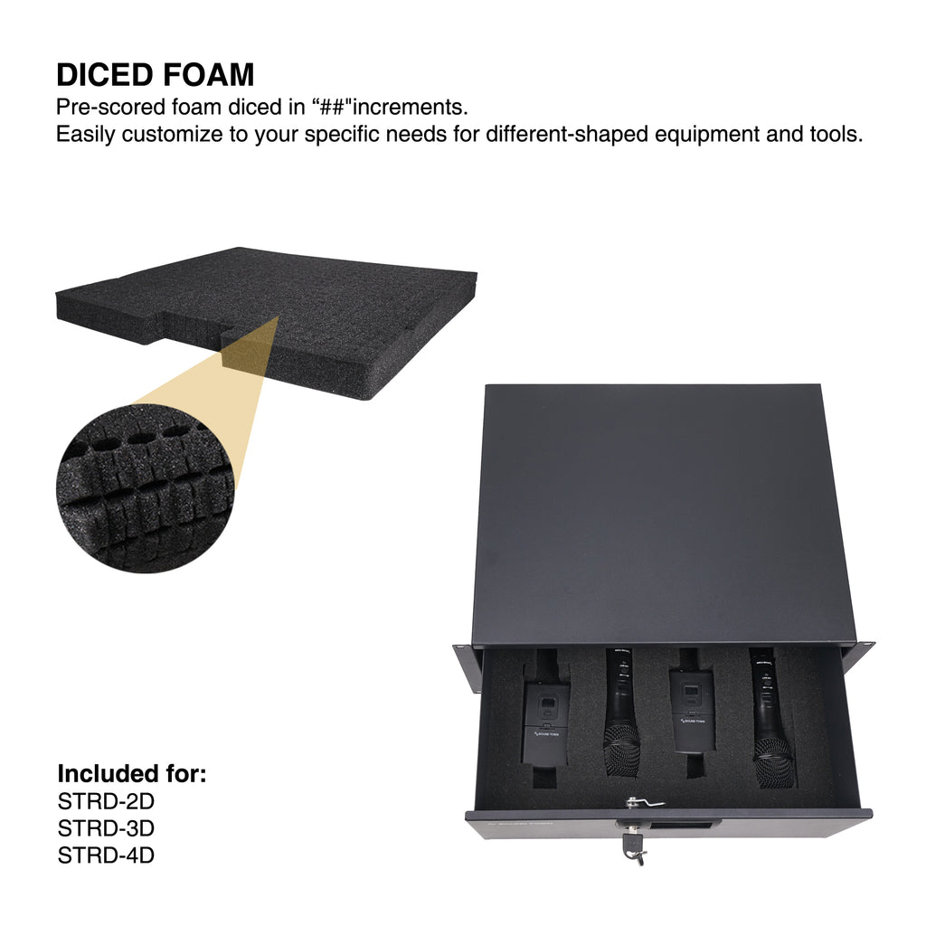 Sound Town STRD-4D-R 19" 4U Locking Rack Mount Sliding Drawer, with Protection Foam, Refurbished - pre-scored foam diced in "##" increments. easily customized to your specific needs for different-shaped equipment and tools.