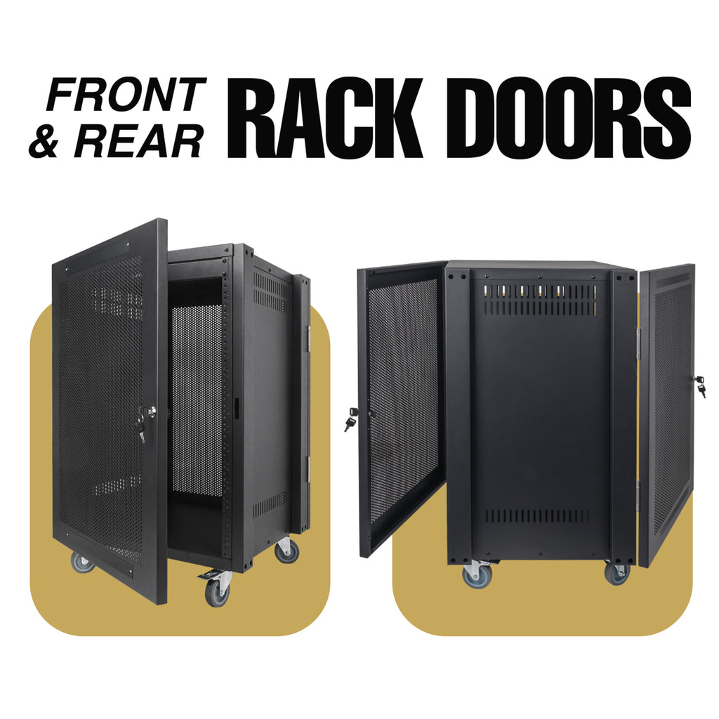 Sound Town STRK-M12UWD | 12U Universal Steel Rack, w/ Mesh Doors, Locking Casters, Vented Side Panels for Audio/Video, Server and Network Equipment-Front and Rear