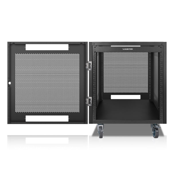 STRK-M12UWD | 12U Universal Steel Rack, w/ Mesh Doors, Locking Casters,  Vented Side Panels for Audio/Video, Server and Network Equipment
