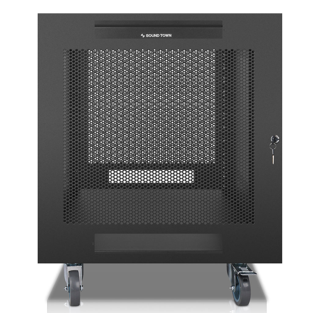 Sound Town STRK-M12UWD 12U Universal Steel Rack, w/ Mesh Doors, Locking Casters, Vented Side Panels for Audio/Video, Server and Network Equipment  with Cable Grommet
