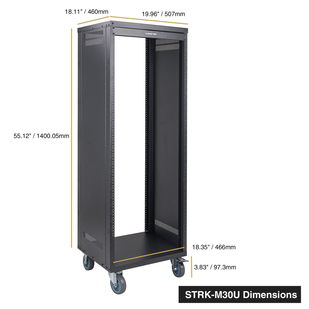 Sound Town STRK-M30U-R | REFURBISHED: 30U Space Universal Steel Equipment Rack w/ Locking Casters, Vented Side Panels for Audio/Video, Server and Network - Size and Dimensions