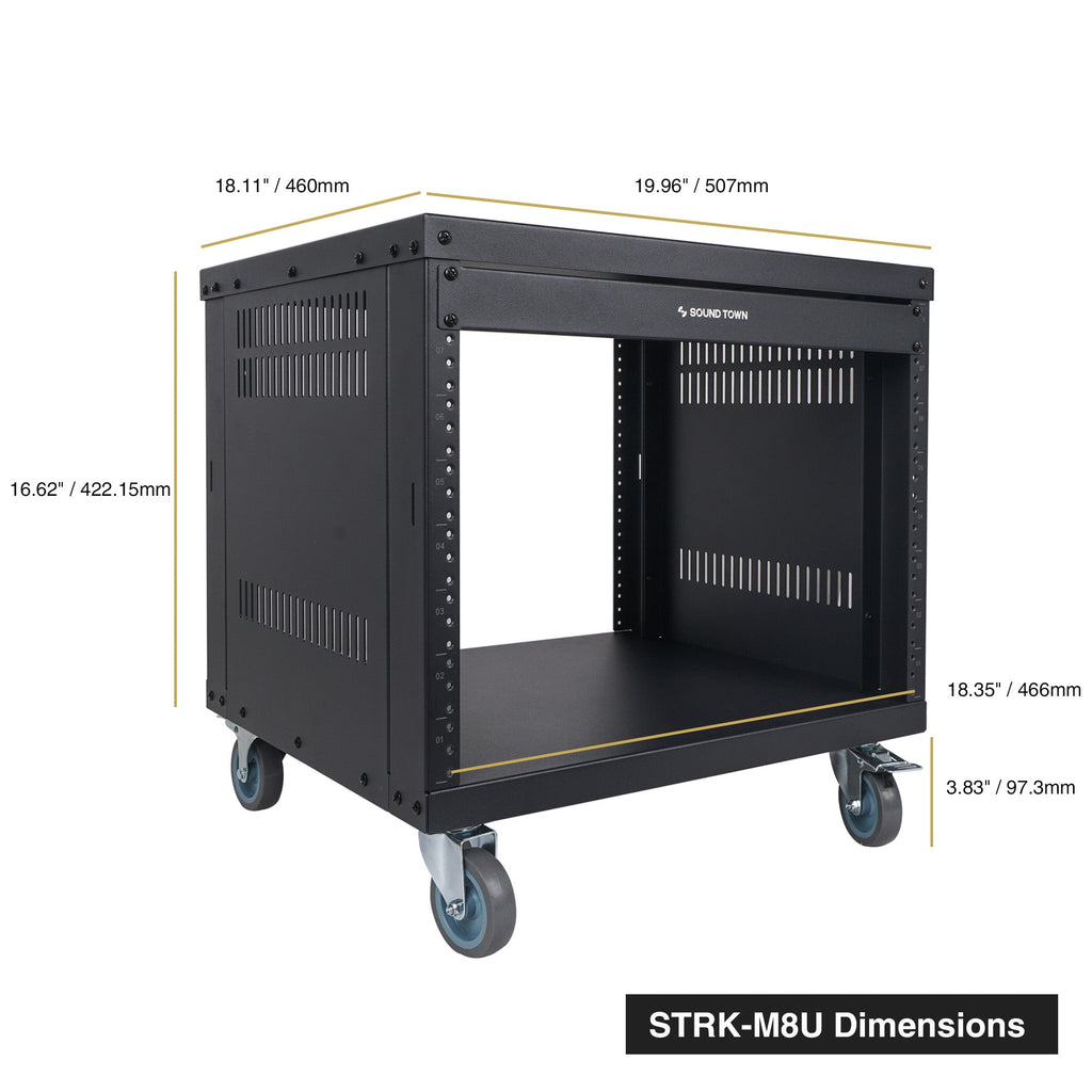 Sound Town STRK-M8U-R | REFURBISHED: 8U Universal Steel Rack, w/ 3" Locking Casters, Vented Side Panels for Audio/Video, Server and Network Equipment - Size & Dimensions