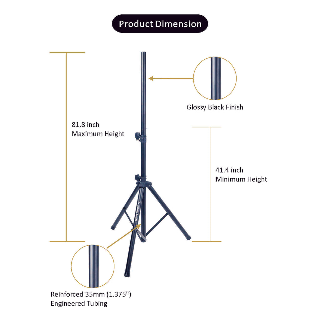 Sound Town STSD-71B | Universal Tripod Speaker Stand with Adjustable Height, 35mm Compatible Insert, Locking Knob and Shaft Pin - dimensions