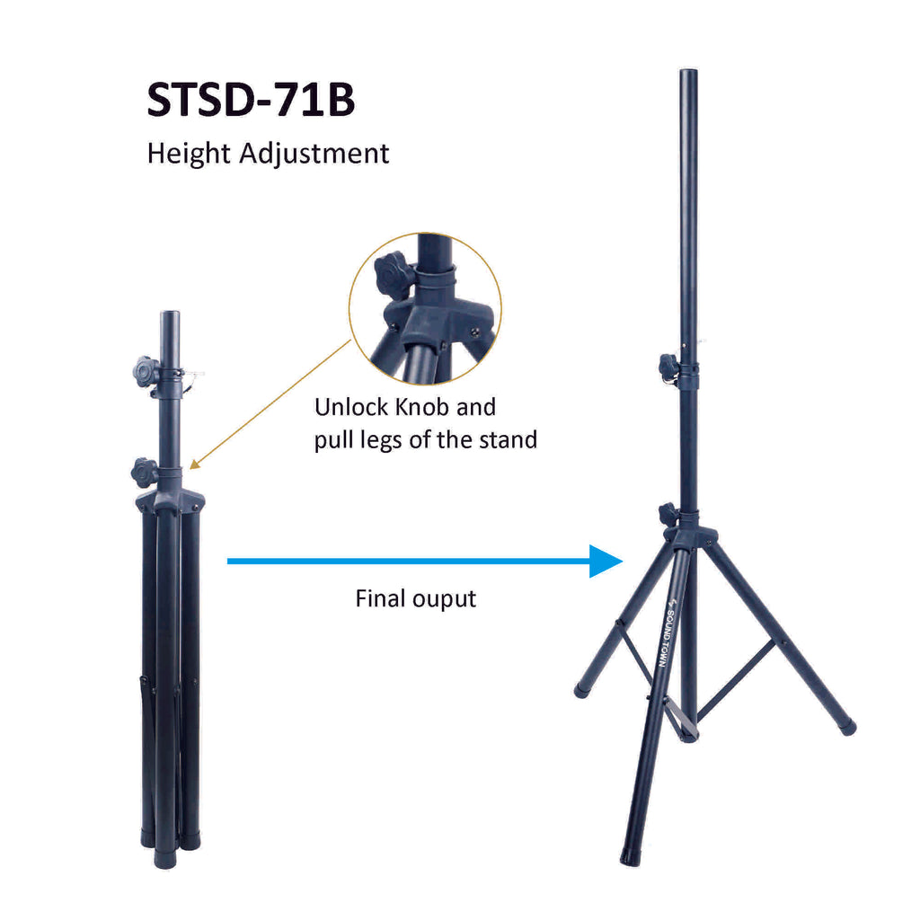 Sound Town STSD-71B | Universal Tripod Speaker Stand with Adjustable Height, 35mm Compatible Insert, Locking Knob and Shaft Pin - height adjustment