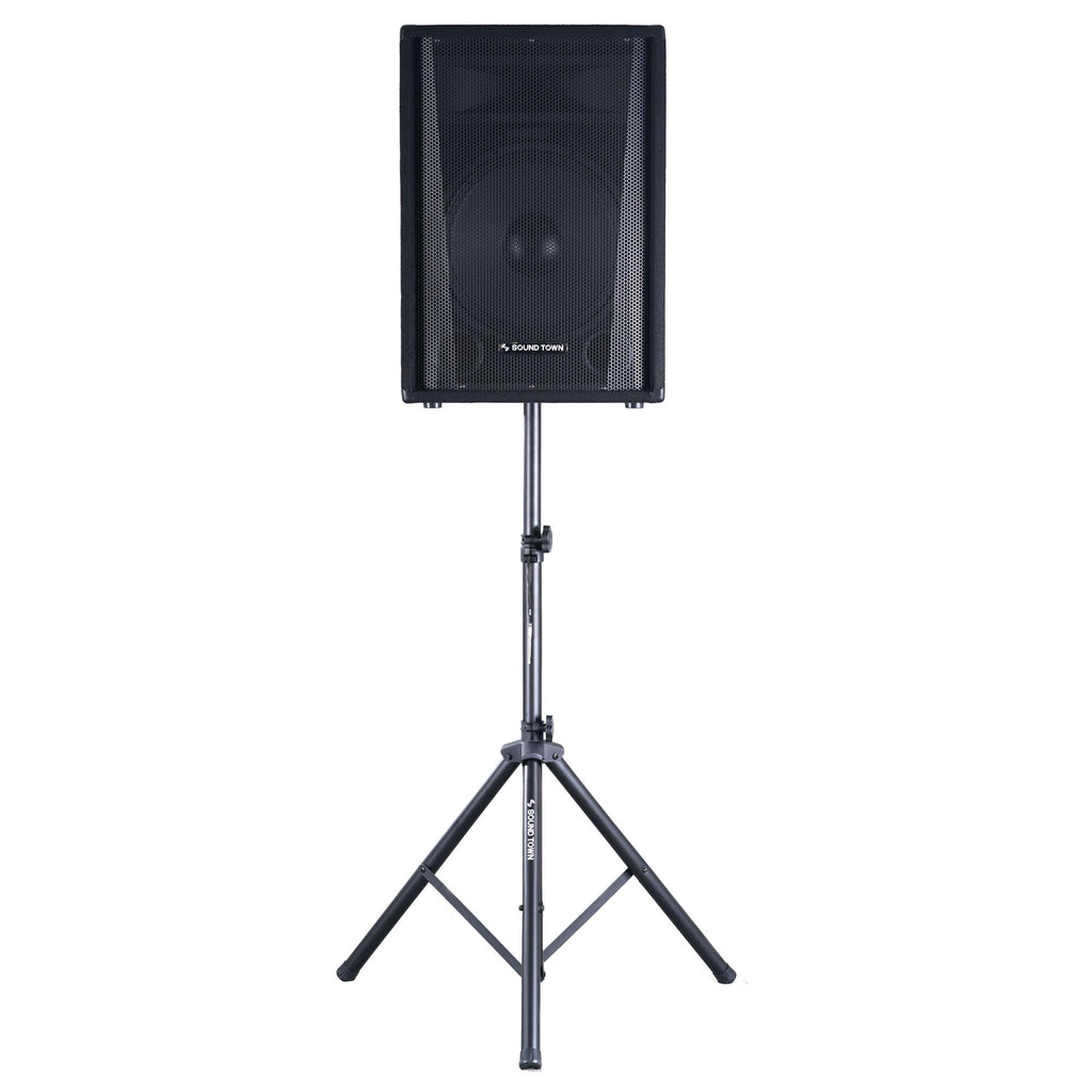 Sound Town STSD-71B-PAIR | 2-Pack Universal Tripod Speaker Stands w/ Adjustable Height, 35mm Compatible Insert, Locking Knob, Shaft Pin, Black, with speaker