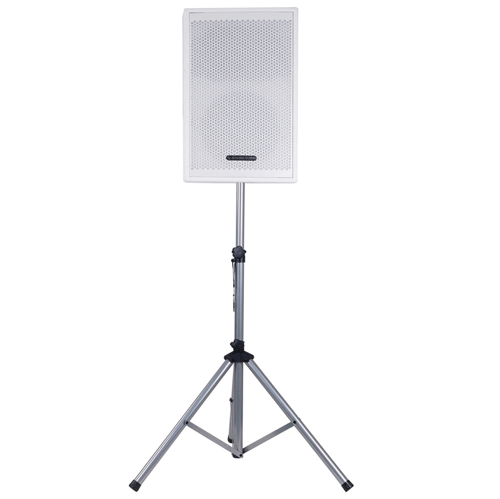 Sound Town STSD-71W | Universal Tripod Speaker Stand with Adjustable Height, 35mm Compatible Insert, Locking Knob and Shaft Pin - view with speaker