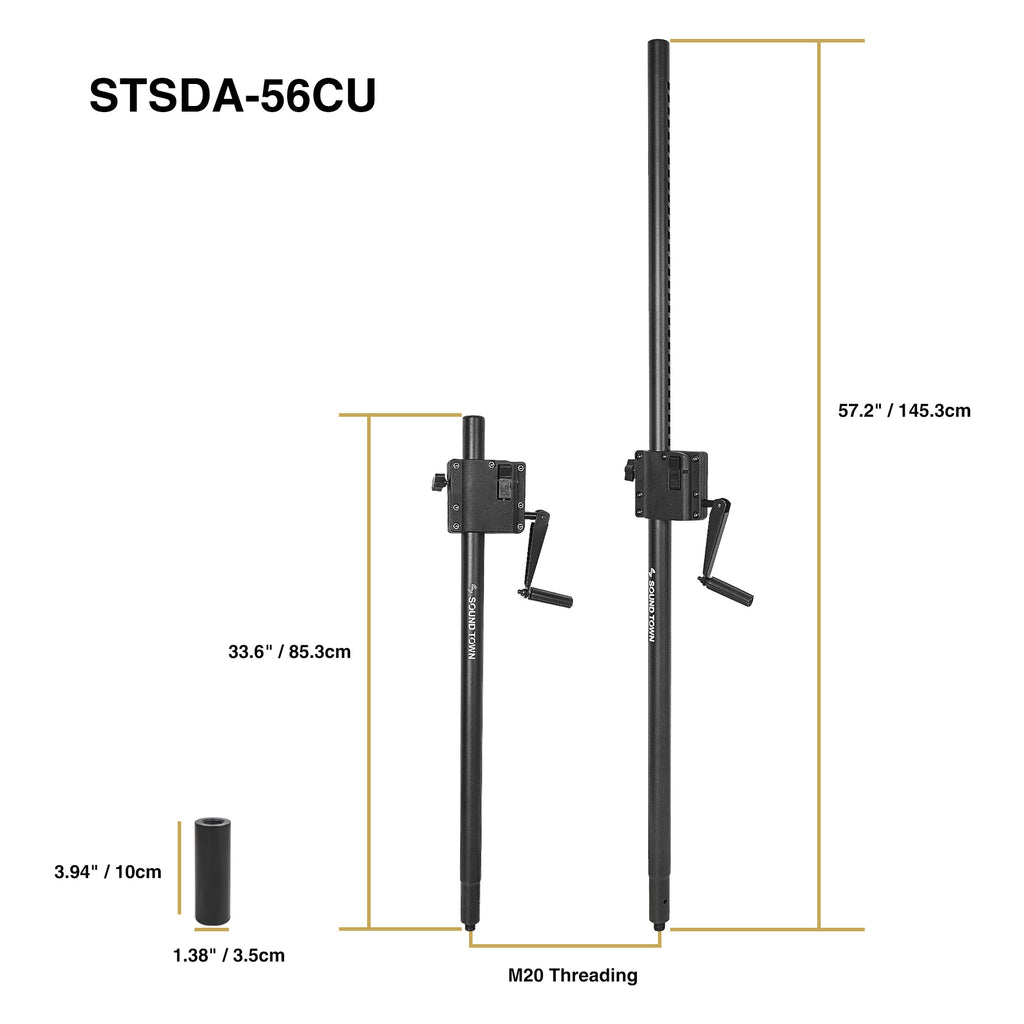 Sound Town STSDA-56CU-PAIR | 2 Pack Speaker Subwoofer Pole with Crank up Height Adjustment, Adapter for 35mm & M20 Threaded Mount, Carry Bag, Black - Size and Dimensions