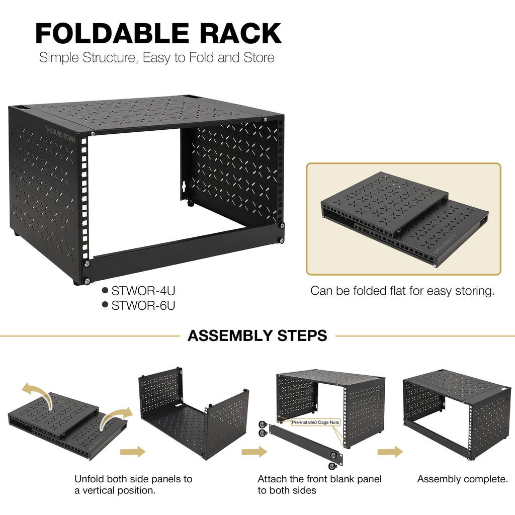 Sound Town STWOR-4U | 4U Foldable Wall-Mount & Desktop Open Frame Server Rack with 12" Depth for Network Equipment, Switches, Routers, Patch Panels, NAS, PDUs - Foldable Rack, Assembly Instructions