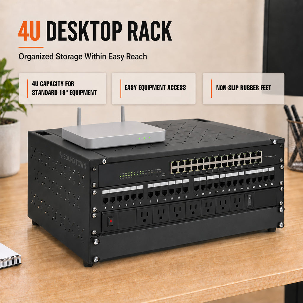 Sound Town STWOR-4U | 4U Foldable Wall-Mount & Desktop Open Frame Server Rack with 12" Depth for Network Equipment, Switches, Routers, Patch Panels, NAS, PDUs - Desktop Application