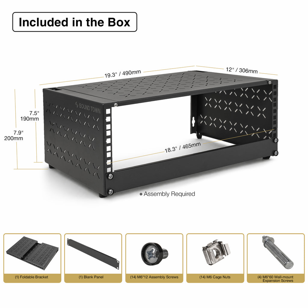 Sound Town STWOR-4U | 4U Foldable Wall-Mount & Desktop Open Frame Server Rack with 12" Depth for Network Equipment, Switches, Routers, Patch Panels, NAS, PDUs - Size and Dimensions, Package Contents, Included in the Box