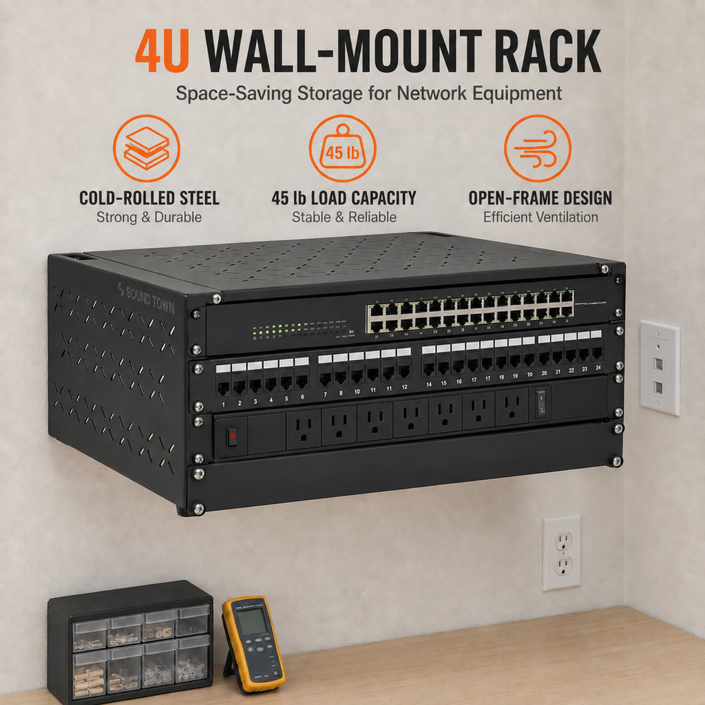 Sound Town STWOR-4U | 4U Foldable Wall-Mount & Desktop Open Frame Server Rack with 12" Depth for Network Equipment, Switches, Routers, Patch Panels, NAS, PDUs - Wall Application
