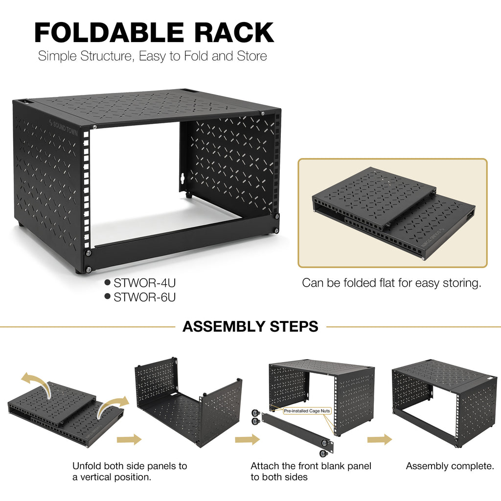 Sound Town STWOR-6U | 6U Foldable Wall-Mount & Desktop Open Frame Server Rack with 12" Depth for Network Equipment, Switches, Routers, Patch Panels, NAS, PDUs - Foldable Rack, Assembly Instructions