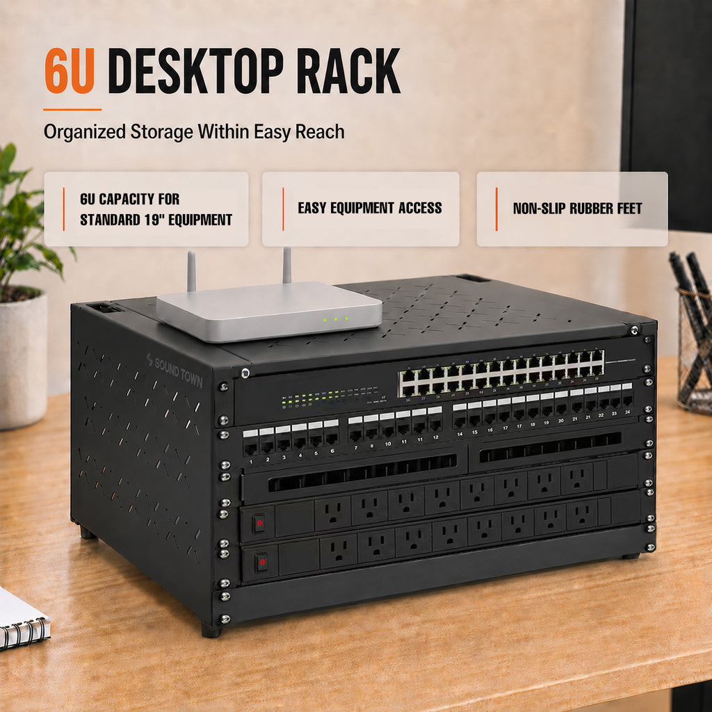 Sound Town STWOR-6U | 6U Foldable Wall-Mount & Desktop Open Frame Server Rack with 12" Depth for Network Equipment, Switches, Routers, Patch Panels, NAS, PDUs - Desktop Application