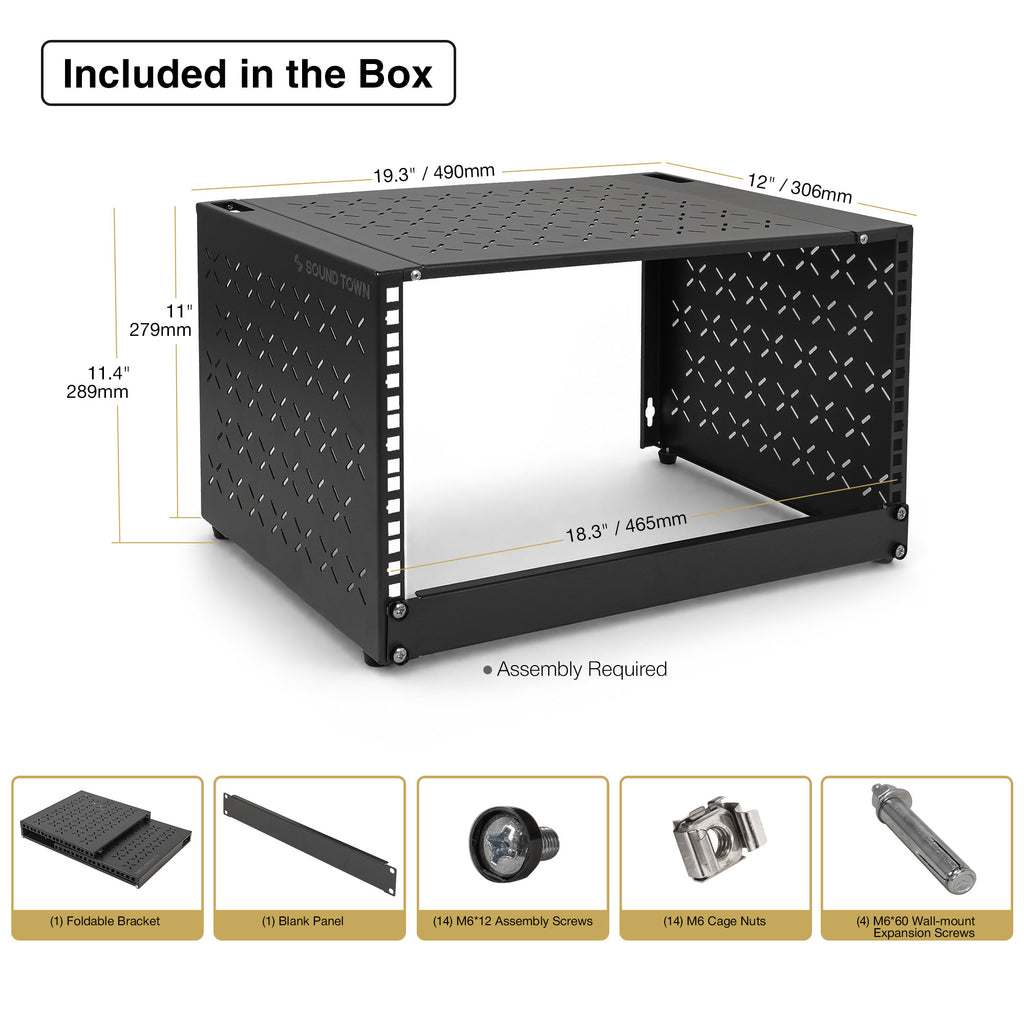 Sound Town STWOR-6U | 6U Foldable Wall-Mount & Desktop Open Frame Server Rack with 12" Depth for Network Equipment, Switches, Routers, Patch Panels, NAS, PDUs - Size and Dimensions, Package Contents, Included in the Box