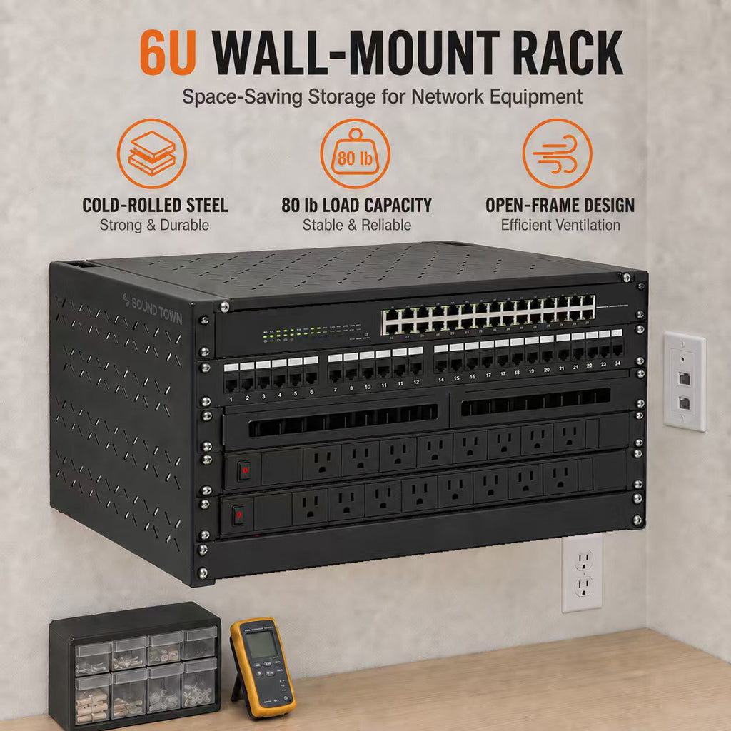 Sound Town STWOR-6U | 6U Foldable Wall-Mount & Desktop Open Frame Server Rack with 12" Depth for Network Equipment, Switches, Routers, Patch Panels, NAS, PDUs - Wall Application