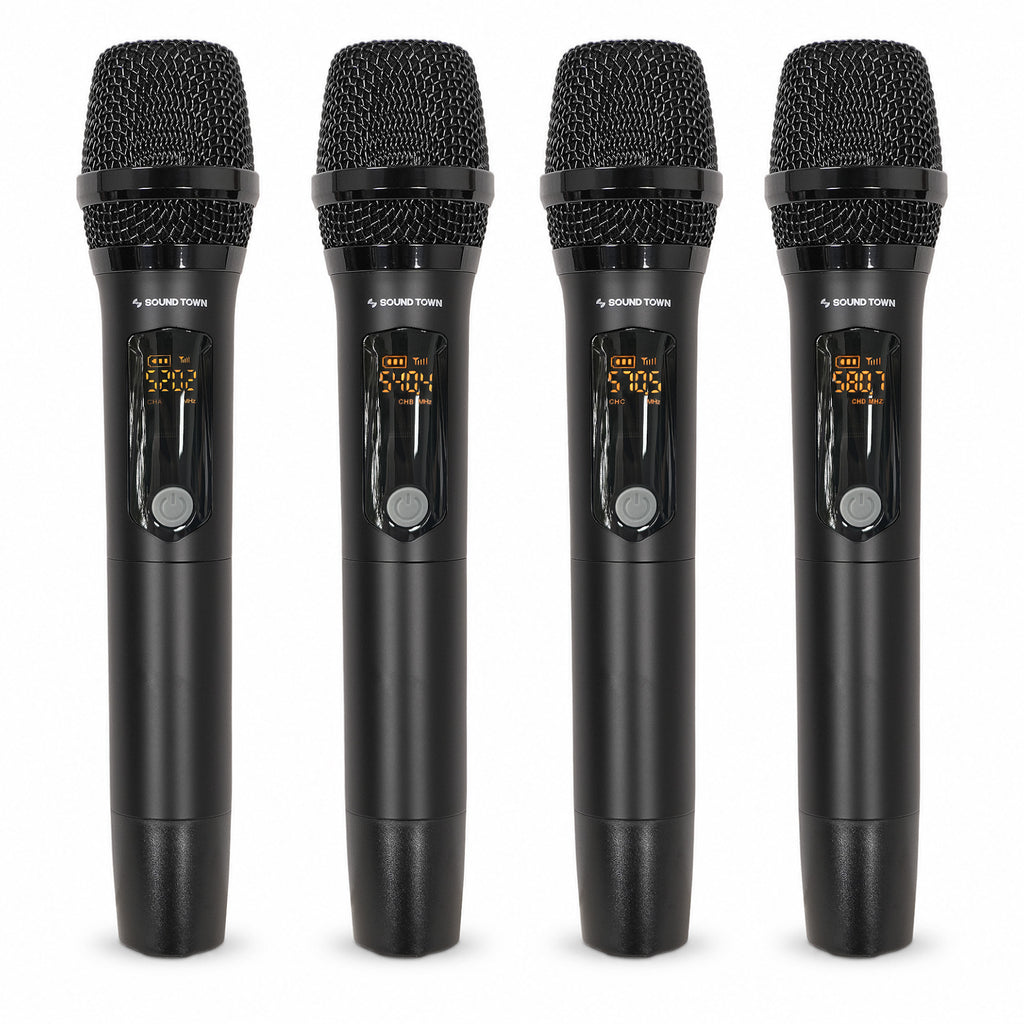 SWM15-4MAX | 32-Channel Wireless Microphone Karaoke Mixer with 4 Rechargeable Metal Mics, Optical (Toslink), AUX for Smart TVs, Soundbars & Home Receivers - 4 Metal Handheld Mics