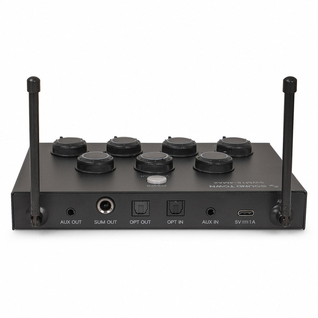 SWM15-4MAX | 32-Channel Wireless Microphone Karaoke Mixer with 4 Rechargeable Metal Mics, Optical (Toslink), AUX for Smart TVs, Soundbars & Home Receivers - Back Panel